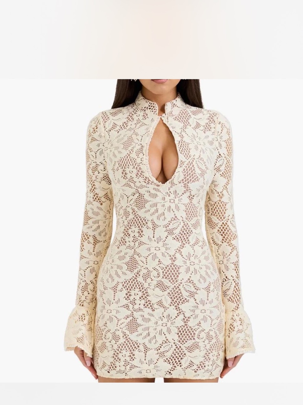 House of CB Cream Lace Keyhole Long-Sleeve Mini Dress